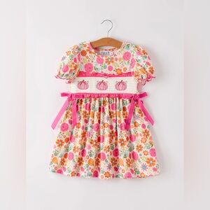 Pumpkin Embroidery Smocked Floral Dress